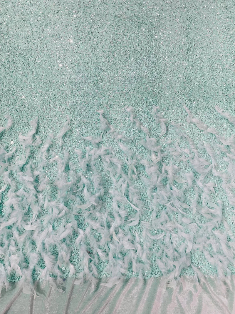 Feather Sequin Velvet Fabric - Mint Green - 5mm Sequins Velvet 2 Way Stretch 58/60" Fabric By Yard