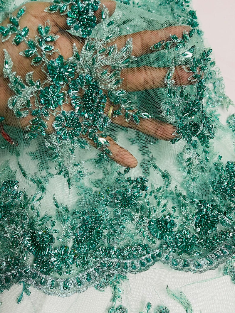 Tauros Beaded Design - Mint Green - Floral Beads and Sequins Embroidered on a Mesh Sold By Yard