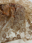 3D Chunky Glitter Rose Fabric -  Mocha -  Flower Glitter Design on Tulle Fabric Sold by Yard