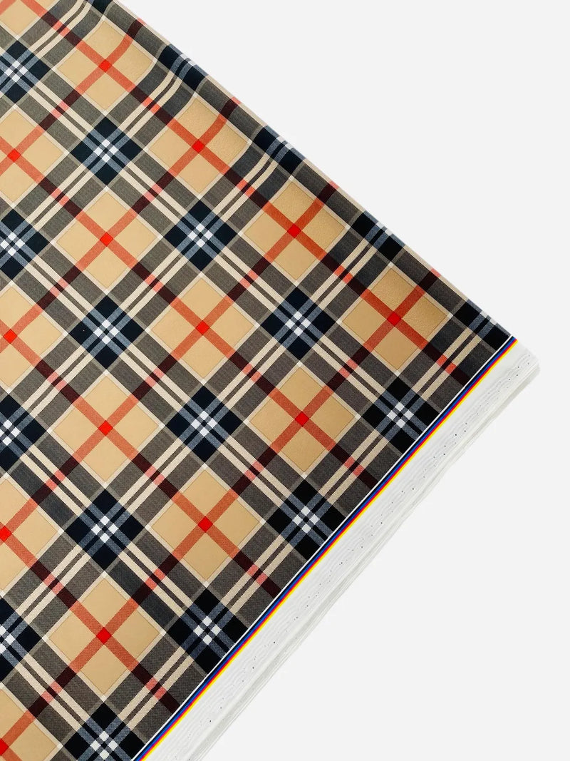 58-60" Plaid Print Milliskin Fabric - Mocha - Spandex 4 Way Stretch Plaid Fabric Sold by Yard