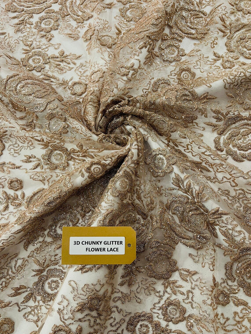 3D Chunky Glitter Rose Fabric -  Mocha -  Flower Glitter Design on Tulle Fabric Sold by Yard