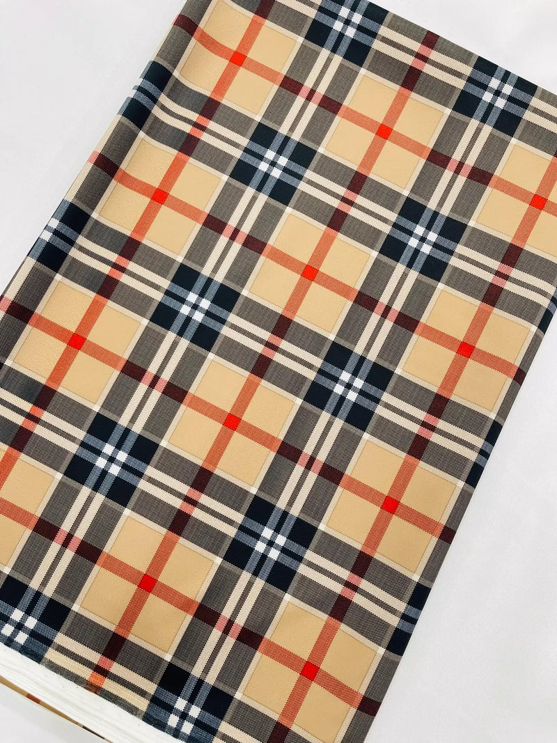 58-60" Plaid Print Milliskin Fabric - Mocha - Spandex 4 Way Stretch Plaid Fabric Sold by Yard