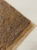 3D Chunky Glitter Rose Fabric -  Mocha -  Flower Glitter Design on Tulle Fabric Sold by Yard