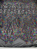 Iridescent Sequin Fabric - MultiColor on Black Mesh - 4 Way Stretch Royalty Lace Sequin By Yard
