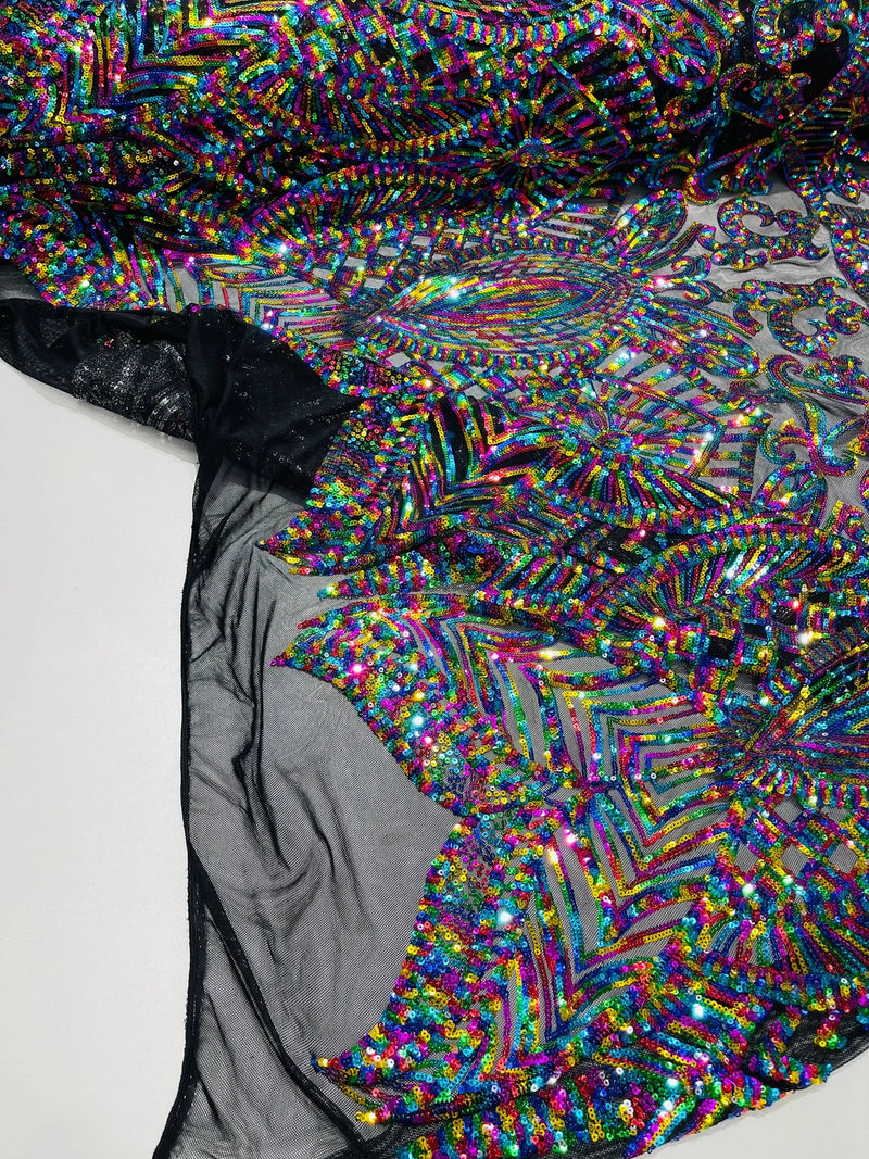 Iridescent Sequin Fabric - MultiColor on Black Mesh - 4 Way Stretch Royalty Lace Sequin By Yard