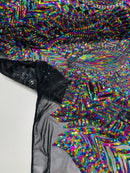 Iridescent Sequin Fabric - MultiColor on Black Mesh - 4 Way Stretch Royalty Lace Sequin By Yard