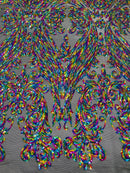 Big Damask Sequins - Multi-Color on Black - Damask Sequin Design on 4 Way Stretch Fabric By Yard