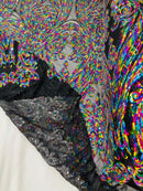 Big Damask Sequins - Multi-Color on Black - Damask Sequin Design on 4 Way Stretch Fabric By Yard