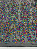 Big Damask Sequins - Multi-Color on Black - Damask Sequin Design on 4 Way Stretch Fabric By Yard