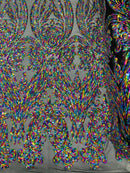 Big Damask Sequins - Multi-Color on Black - Damask Sequin Design on 4 Way Stretch Fabric By Yard