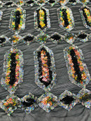 Geometric Stretch Sequin - Multi-Color Iridescent on Black - Fancy Gem Design on Mesh By Yard