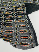 Geometric Stretch Sequin - Multi-Color Iridescent on Black - Fancy Gem Design on Mesh By Yard