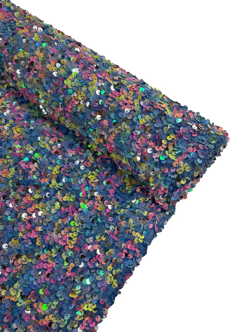 58/60" Velvet Sequins Stretch Fabric - Multi-Color on Blue - Velvet Sequins 2 Way Stretch By Yard