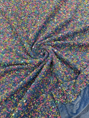 58/60" Velvet Sequins Stretch Fabric - Multi-Color on Blue - Velvet Sequins 2 Way Stretch By Yard