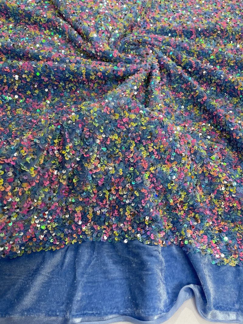 58/60" Velvet Sequins Stretch Fabric - Multi-Color on Blue - Velvet Sequins 2 Way Stretch By Yard
