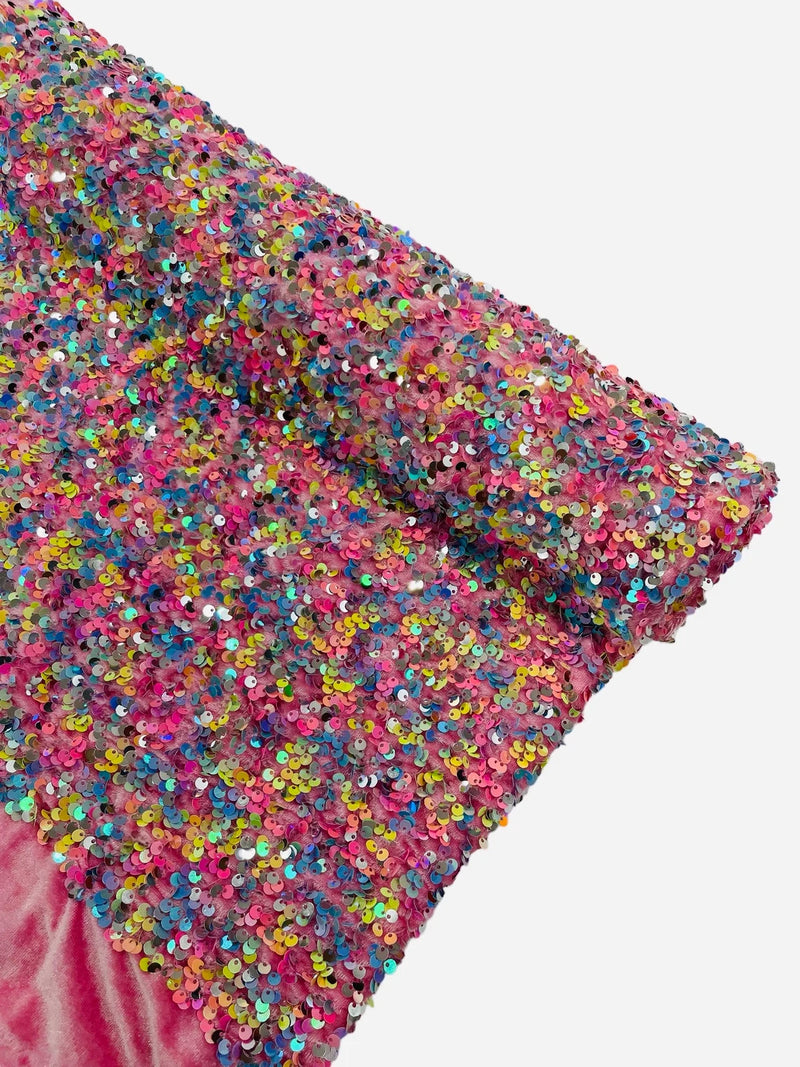 58/60" Velvet Sequins Stretch Fabric - Multi-Color on Purple - Velvet Sequins 2 Way Stretch By Yard