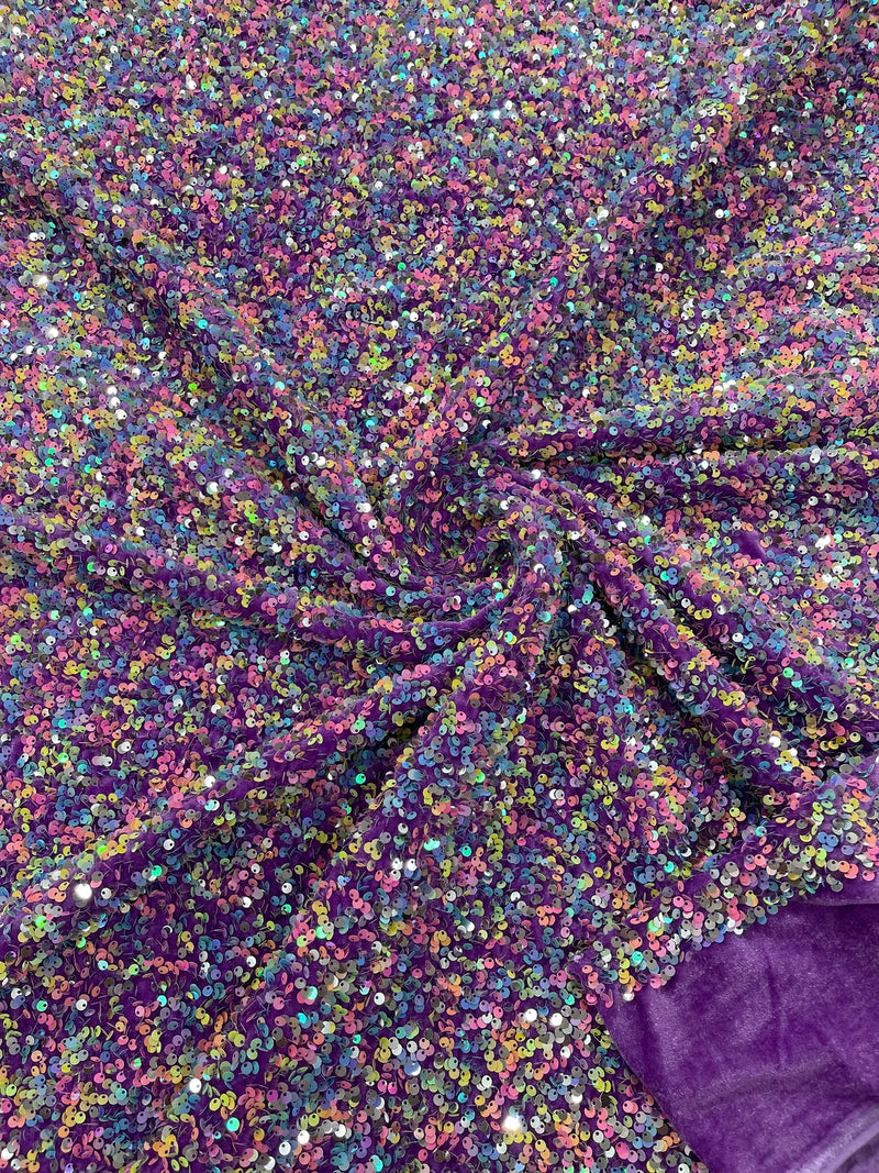 58/60" Velvet Sequins Stretch Fabric - Multi-Color on Purple - Velvet Sequins 2 Way Stretch By Yard