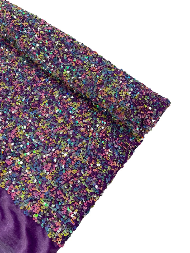 58/60" Velvet Sequins Stretch Fabric - Multi-Color on Purple - Velvet Sequins 2 Way Stretch By Yard