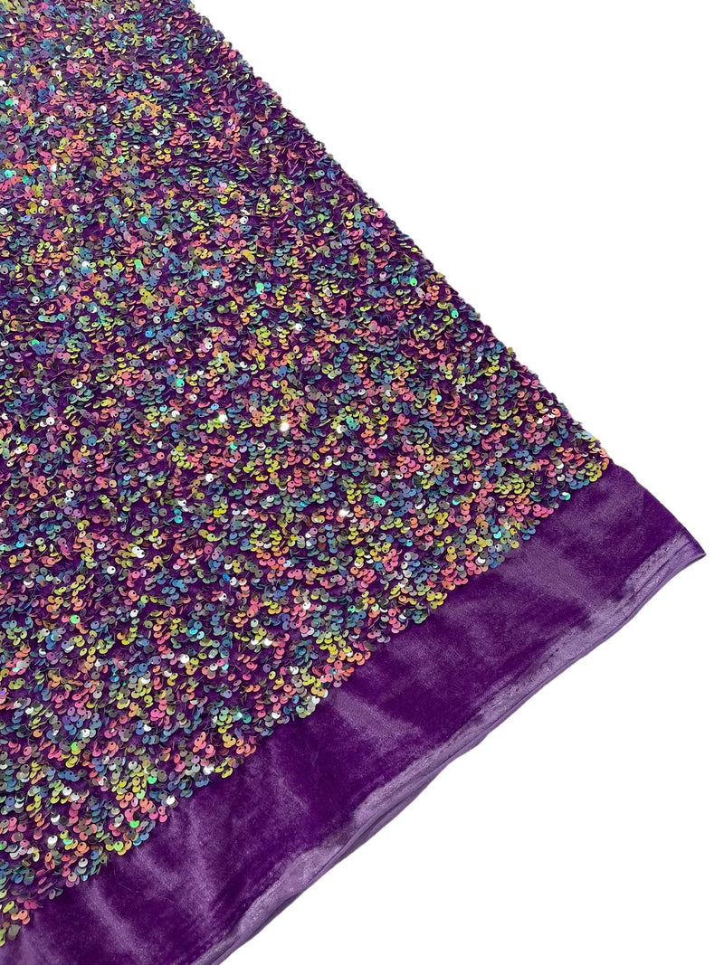 58/60" Velvet Sequins Stretch Fabric - Multi-Color on Purple - Velvet Sequins 2 Way Stretch By Yard