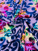 Floral Burnout Stretch Velvet -  Navy / Lilac - Multi-Color Velvet Burnout Fabric Sold By The Yard