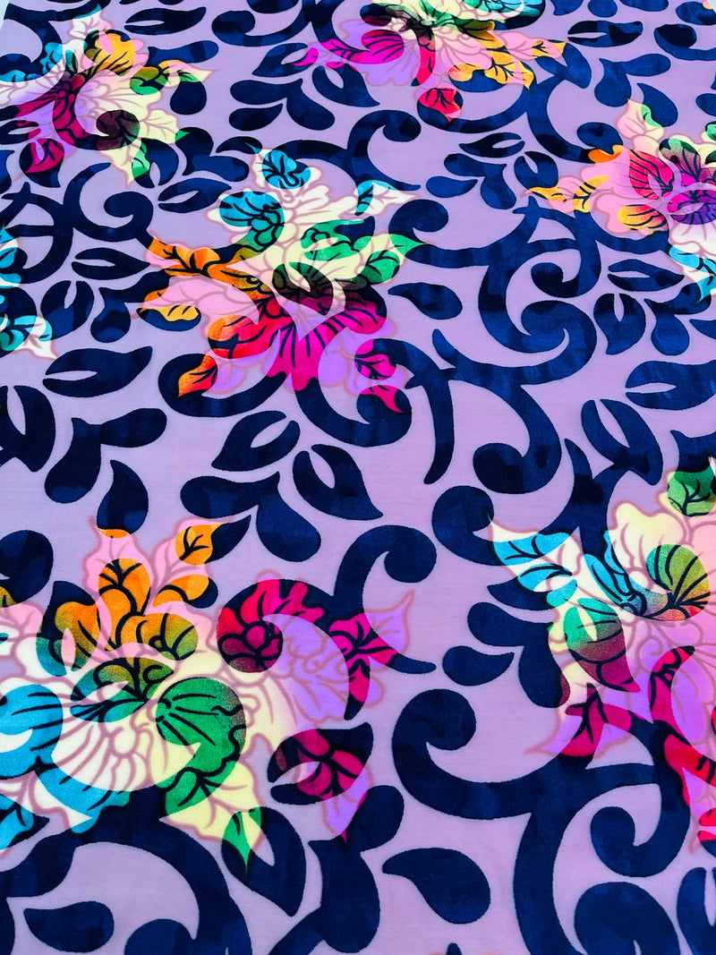 Floral Burnout Stretch Velvet -  Navy / Lilac - Multi-Color Velvet Burnout Fabric Sold By The Yard