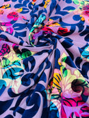 Floral Burnout Stretch Velvet -  Navy / Lilac - Multi-Color Velvet Burnout Fabric Sold By The Yard
