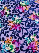 Floral Burnout Stretch Velvet -  Navy / Lilac - Multi-Color Velvet Burnout Fabric Sold By The Yard