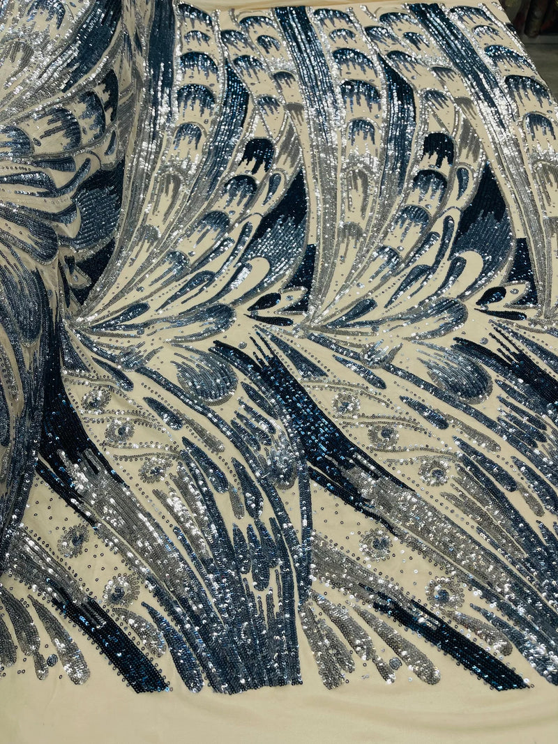 Olivia Sequins Design - Navy Blue / Silver - 4 Way Stretch Multi Color Sequin Fabric on Mesh Sold By The Yard