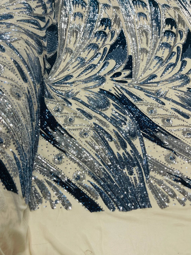 Olivia Sequins Design - Navy Blue / Silver - 4 Way Stretch Multi Color Sequin Fabric on Mesh Sold By The Yard