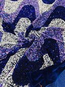 Wavy Line Design Velvet Sequins - Navy/White/Lilac  - Velvet Sequins Fabric 2 Way Stretch 58"- 60" By Yard