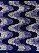Wavy Line Design Velvet Sequins - Navy/White/Lilac  - Velvet Sequins Fabric 2 Way Stretch 58"- 60" By Yard