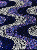 Wavy Line Design Velvet Sequins - Navy/White/Lilac  - Velvet Sequins Fabric 2 Way Stretch 58"- 60" By Yard