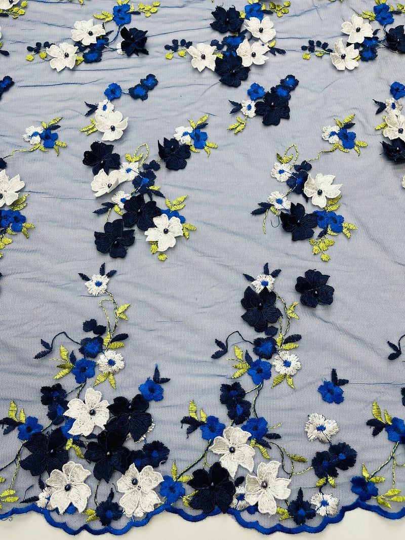 3D Multi-Color Flower Lace - Navy Blue - Flower Leaf 3D Multi-Tone Fabrics Sold By Yard