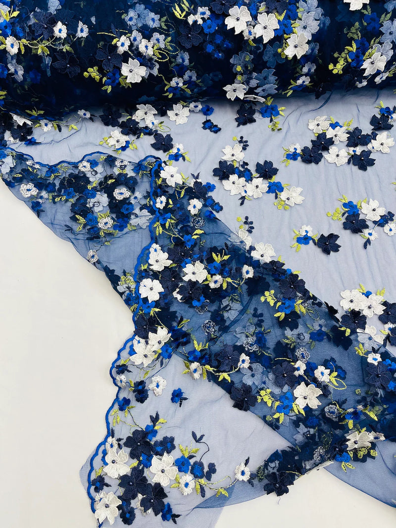 3D Multi-Color Flower Lace - Navy Blue - Flower Leaf 3D Multi-Tone Fabrics Sold By Yard