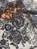 3D Chunky Glitter Rose Fabric - Navy Blue -  Flower Glitter Design on Tulle Fabric Sold by Yard