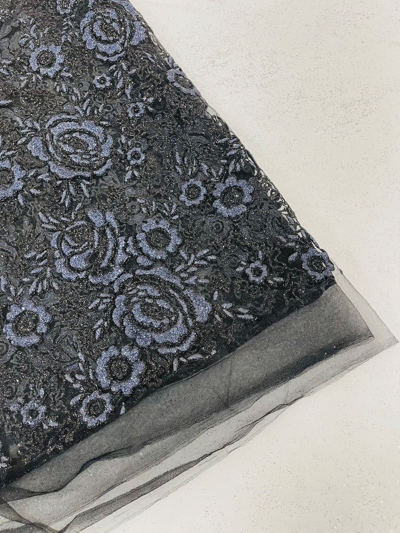 3D Chunky Glitter Rose Fabric - Navy Blue -  Flower Glitter Design on Tulle Fabric Sold by Yard