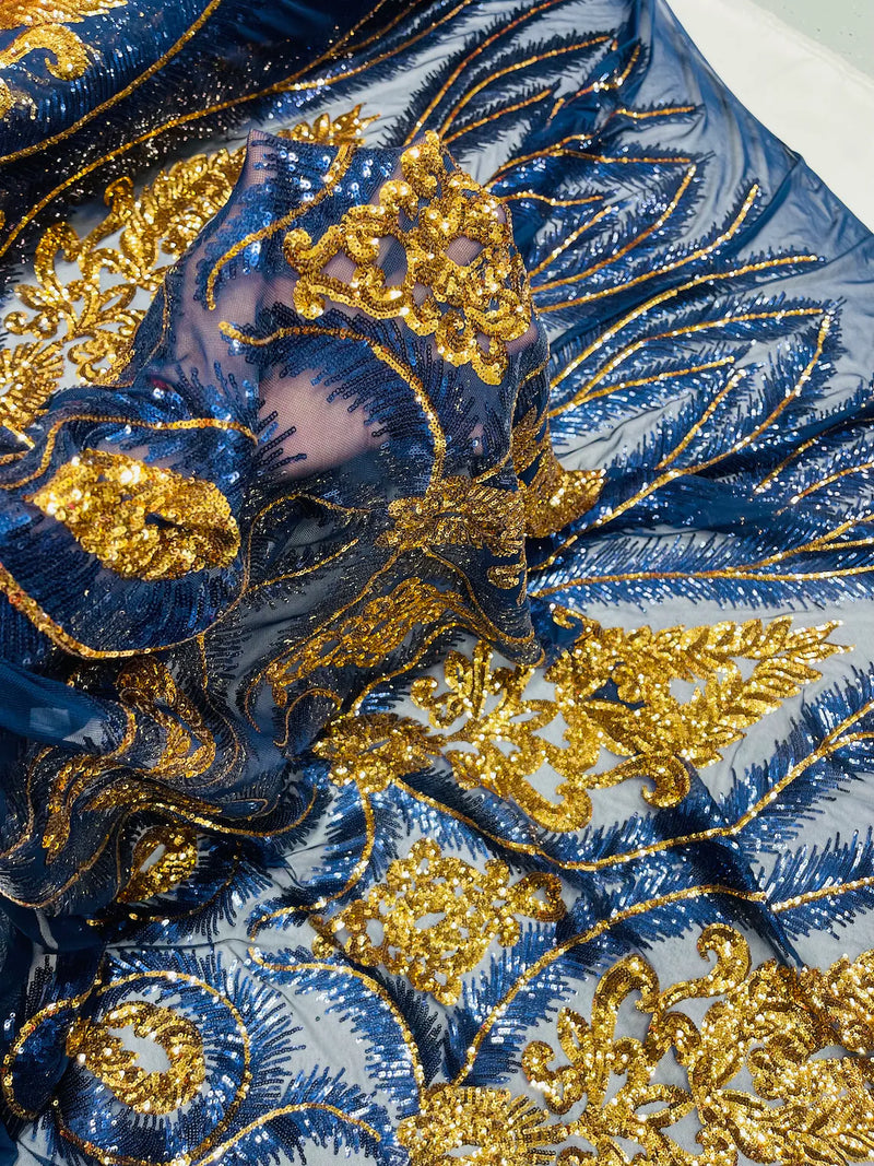 Palm Leaf Damask Sequins -  Navy Blue / Gold - 4 Way Stretch Sequins Leaf Design Fabric By Yard
