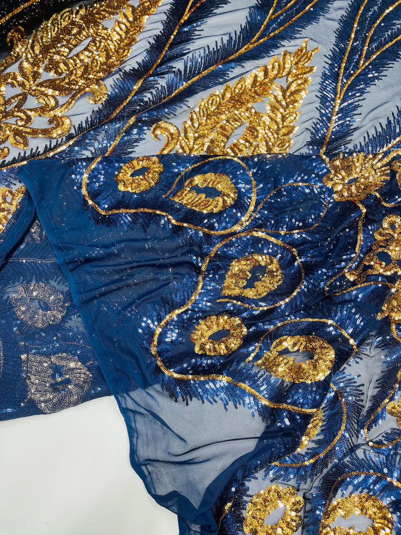 Palm Leaf Damask Sequins -  Navy Blue / Gold - 4 Way Stretch Sequins Leaf Design Fabric By Yard