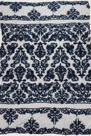 My Lady Beaded Fabric - Navy Blue - Damask Beaded Sequins Embroidered Fabric By Yard
