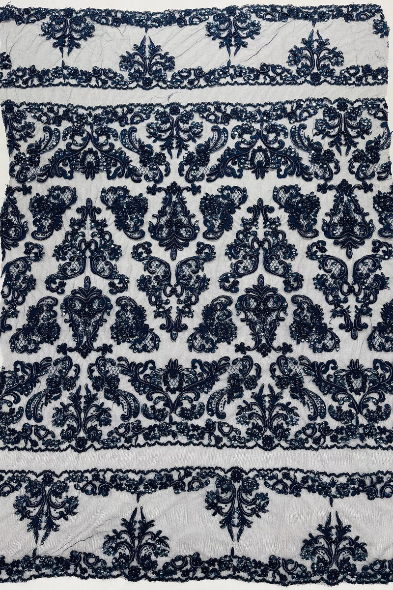 My Lady Beaded Fabric - Navy Blue - Damask Beaded Sequins Embroidered Fabric By Yard