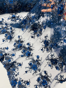 3D Flower Pearl Design - Navy Blue - Embroidered Sequins Floral Clusters Lace Fabric By Yard