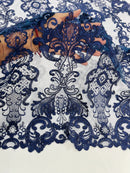 King Lace Design Fabric - Navy Blue - King Design with Sequins Embroidered On Mesh By Yard