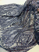 Mermaid Design Fabric - Navy Blue - 4 Way Stretch Sequins Fabric on Lace Mesh Sold By Yard