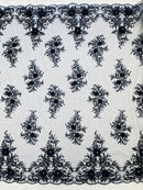 3D Rhinestone Flower Fabric - Navy Blue - 3D Flower Beaded Clusters with Sequins and Rhinestones By Yard