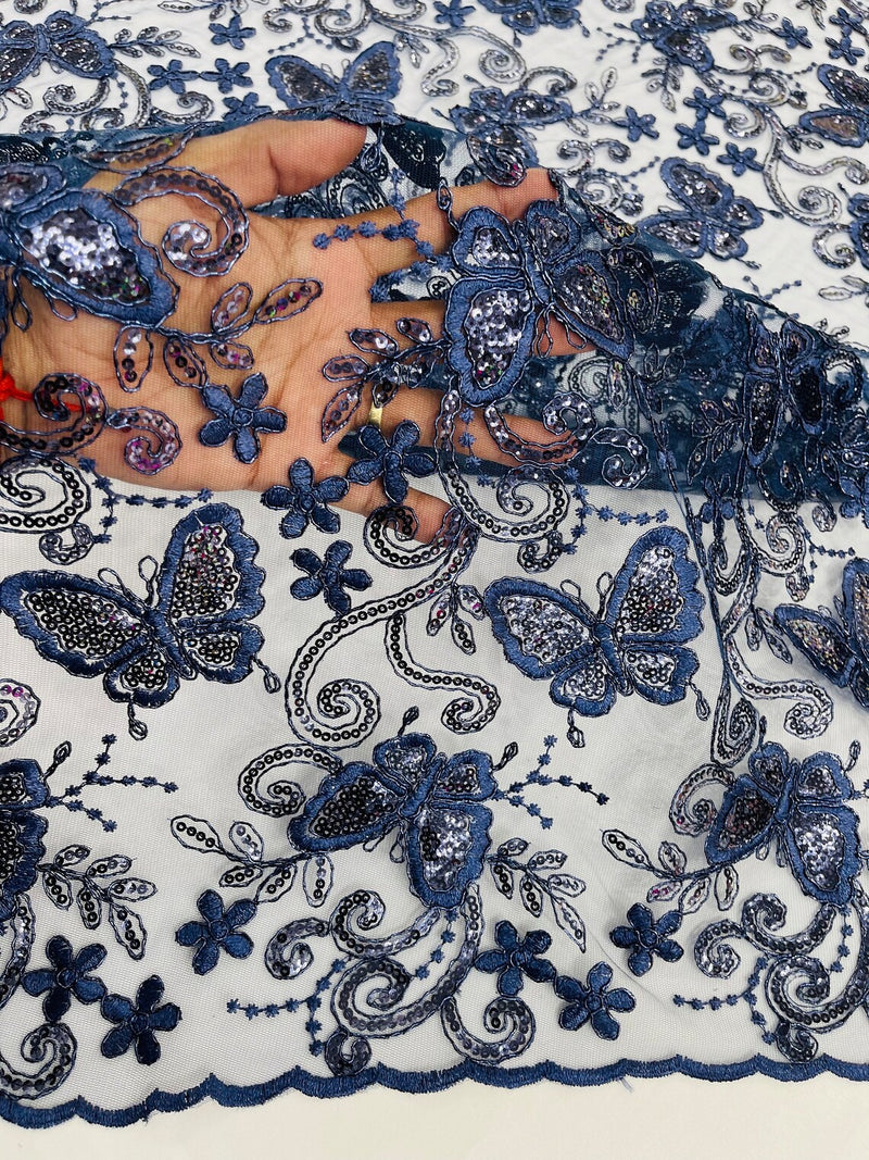 Butterfly Floral Lace Fabric - Navy Blue - Butterfly Flower Metallic Design on Lace Fabric By Yard