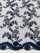 Sequin Lace Floral Fabric - Navy Blue - Flower Embroidered Sequins Lace Fabric Sold By Yard
