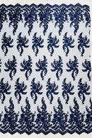 Braid Leaf Designs Lace Fabric - Navy Blue - Embroidered Floral Leaf Pattern on Lace Mesh Fabric By Yard