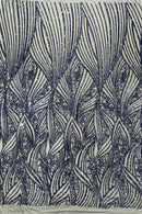 Curvy Design Sequins Fabric - Navy Blue - 4 Way Stretch Curvy Sequins Design Mesh Fabric by Yard