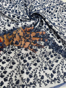 Small Glitter Flower Fabric - Navy Blue - Shimmer Glitter Flower Design on Mesh Lace By The Yard