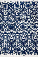 Damask Fancy Design - Navy Blue - Embroidered  Mesh Damask Design Lace Fabric Sold by Yard